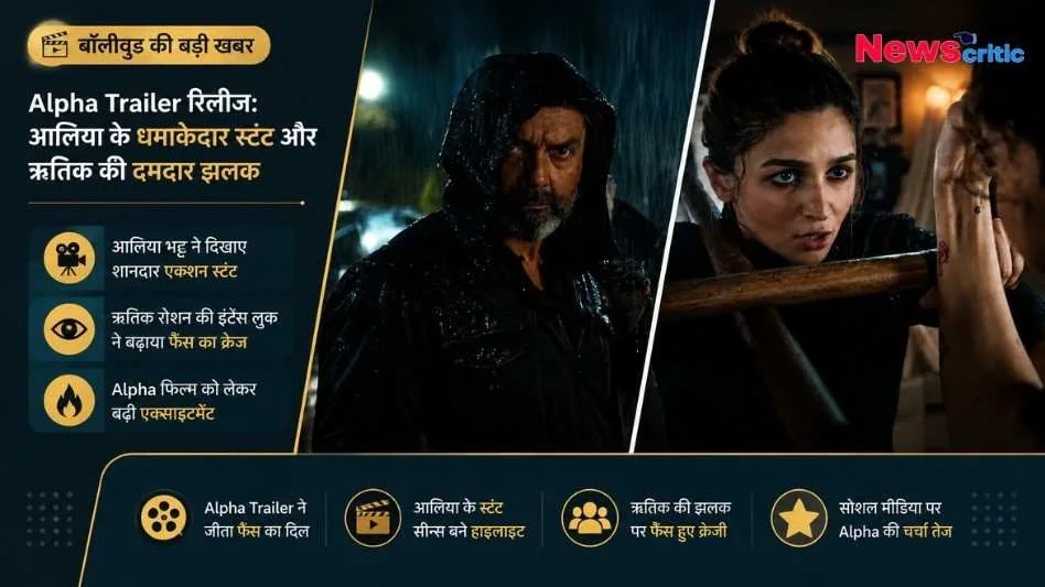 न्यूज़ क्रिटिक (News Critic) ग्राफिक: बॉलीवुड फिल्म 'Alpha' का ट्रेलर रिलीज, आलिया भट्ट के एक्शन स्टंट और ऋतिक रोशन का इंटेंस लुक।