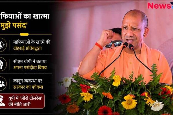 "मंच से भाषण देते हुए यूपी के सीएम योगी आदित्यनाथ, ग्राफिक में लिखा है- माफियाओं का खात्मा ही मुझे पसंद"