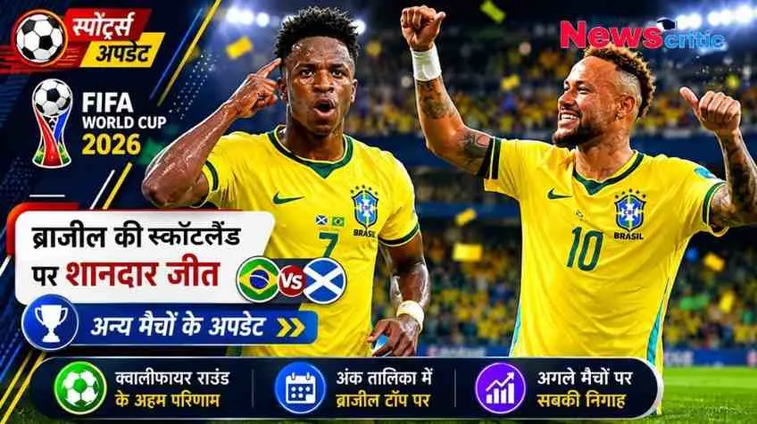 न्यूज़ क्रिटिक (News Critic): फीफा वर्ल्ड कप 2026 के मैच में स्कॉटलैंड पर ब्राज़ील की शानदार जीत का जश्न मनाते हुए स्टार खिलाड़ी नेमार और विनीसियस जूनियर को दर्शाता हुआ स्पोर्ट्स न्यूज़ ग्राफ़िक।