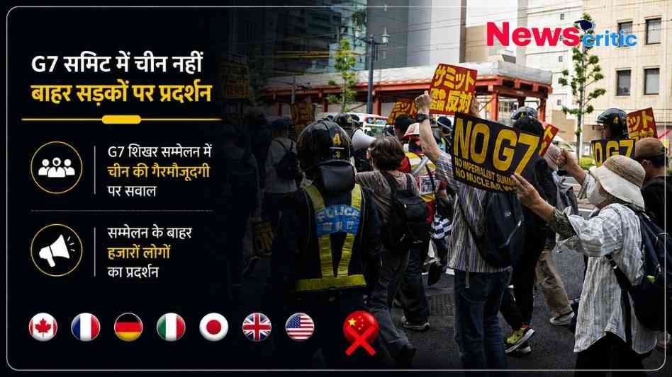 G7 शिखर सम्मेलन के बाहर विरोध प्रदर्शन और चीन की गैरमौजूदगी को दर्शाता न्यूज़ ग्राफ़िक।