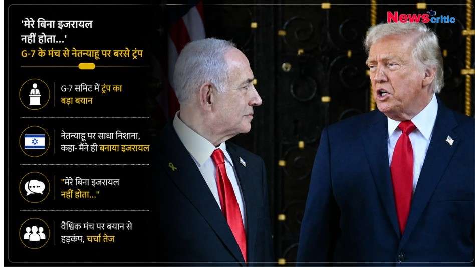डोनाल्ड ट्रंप और बेंजामिन नेतन्याहू की तस्वीर वाला एक न्यूज़ ग्राफिक, जिसमें ट्रंप के G-7 समिट में दिए गए बयान 'मेरे बिना इजरायल नहीं होता' और नेतन्याहू पर उनके निशाने को दर्शाया गया है।