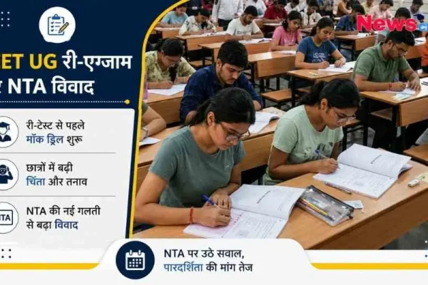 एक न्यूज़ इन्फोग्राफिक ग्राफिक जिसमें परीक्षा हॉल में बैठकर पेपर लिखते हुए छात्र दिखाई दे रहे हैं। ग्राफिक के बाईं ओर 'NEET UG री-एग्जाम और NTA विवाद' शीर्षक लिखा है, जिसमें री-टेस्ट मॉक ड्रिल, छात्रों के तनाव और एनटीए पर उठते सवालों का उल्लेख है।