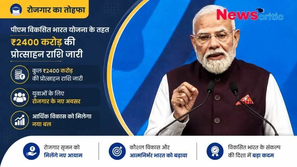 पीएम नरेंद्र मोदी का ग्राफ़िक जिसमें पीएम विकसित भारत योजना के तहत रोजगार के लिए ₹2400 करोड़ की प्रोत्साहन राशि जारी करने की घोषणा की गई है।