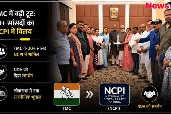 न्यूज़क्रिटिक का ग्राफ़िक जिसमें TMC के 20+ सांसदों का NCPI में विलय और NDA को समर्थन दिखाया गया है।