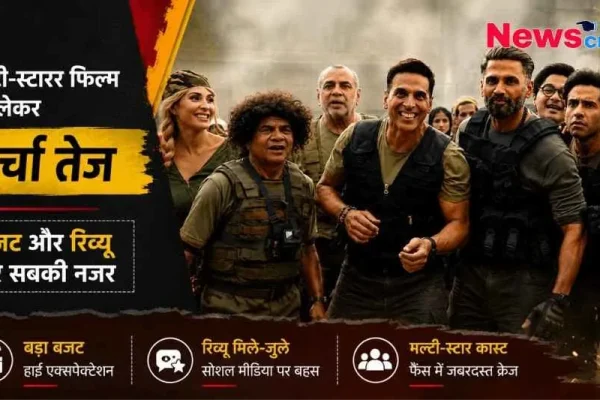 अक्षय कुमार और सुनील शेट्टी स्टारर बड़ी मल्टी-स्टारर फिल्म 'वेलकम टू द जंगल' (Welcome to the Jungle) के बजट और मिले-जुले सोशल मीडिया रिव्यू पर चर्चा को दर्शाता न्यूज़ क्रिटिक (News Critic) का ग्राफ़िक।