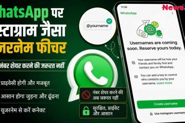 WhatsApp पर इंस्टाग्राम जैसा नया यूजरनेम फीचर और प्राइवेसी अपडेट से जुड़ा न्यूज़ ग्राफिक - News Critic