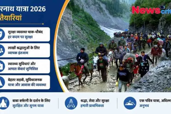 अमरनाथ यात्रा 2026 की तैयारियों और सुविधाओं की जानकारी देने वाला न्यूज़क्रिटिक का इन्फोग्राफिक, जिसमें पहाड़ी रास्ते पर चलते हुए श्रद्धालु और सुरक्षा, स्वास्थ्य व आवास व्यवस्था के मुख्य बिंदु दिए गए हैं।