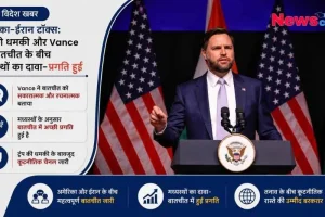 जेडी वेंस (JD Vance) की तस्वीर के साथ अमेरिका-ईरान कूटनीतिक वार्ता और ट्रंप की धमकियों पर 'NewsCritic' का हिंदी समाचार ग्राफ़िक।