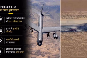 कैलिफोर्निया में B-52 बॉम्बर विमान दुर्घटना की जानकारी देता हुआ न्यूज़ इन्फोग्राफिक, जिसमें उड़ता हुआ बॉम्बर विमान और रेगिस्तान में दुर्घटनास्थल (क्रैश साइट) से उठता धुंआ दिखाई दे रहा है।