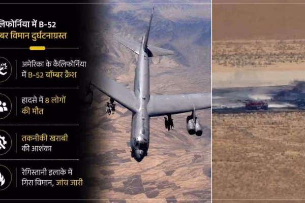 कैलिफोर्निया में B-52 बॉम्बर विमान दुर्घटना की जानकारी देता हुआ न्यूज़ इन्फोग्राफिक, जिसमें उड़ता हुआ बॉम्बर विमान और रेगिस्तान में दुर्घटनास्थल (क्रैश साइट) से उठता धुंआ दिखाई दे रहा है।
