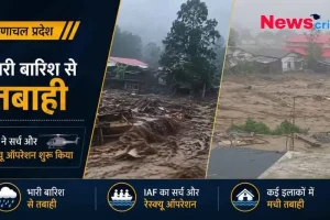 न्यूज़ क्रिटिक (News Critic): अरुणाचल प्रदेश में भारी बारिश से आई बाढ़ और तबाही के दृश्यों के साथ भारतीय वायुसेना (IAF) के रेस्क्यू ऑपरेशन की जानकारी देता हुआ न्यूज़ ग्राफिक।