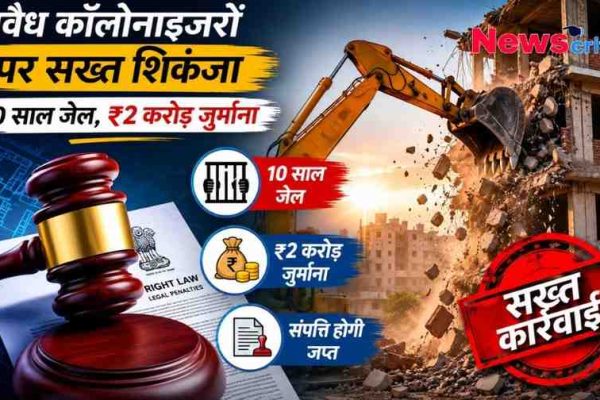 अवैध कॉलोनाइजरों पर सख्त शिकंजा - 10 साल जेल, ₹2 करोड़ जुर्माना और संपत्ति जब्ती का न्यूज़ ग्राफ़िक