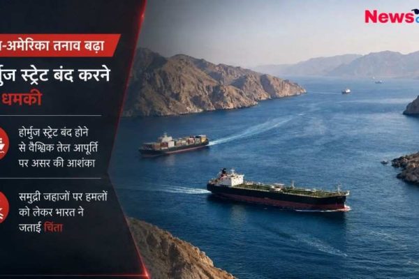 ईरान-अमेरिका तनाव और होर्मुज स्ट्रेट (Strait of Hormuz) बंद करने की धमकी से जुड़ा न्यूज़ ग्राफ़िक, जिसमें समुद्र से गुजरते तेल टैंकर और मालवाहक जहाज दिखाई दे रहे हैं।
