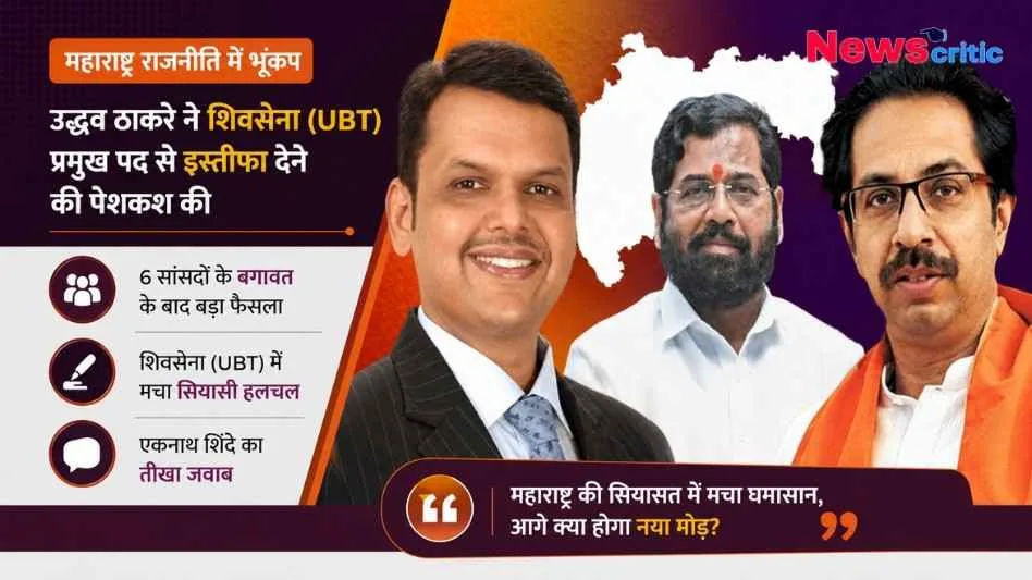 : महाराष्ट्र की राजनीति में भूचाल: उद्धव ठाकरे, एकनाथ शिंदे और देवेंद्र फडणवीस का न्यूज़ ग्राफिक।