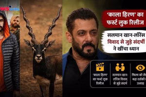 लॉरेंस बिश्नोई, एक काला हिरण और सलमान खान को दर्शाता हुआ न्यूज़ ग्राफ़िक, जिसमें 'काला हिरण का फर्स्ट लुक रिलीज' लिखा है।