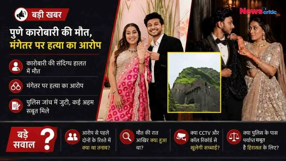 न्यूज़ क्रिटिक इन्फोग्राफिक: पुणे कारोबारी की संदिग्ध मौत और मंगेतर पर हत्या के आरोप से जुड़ी बड़ी खबर का ग्राफ़िक, जिसमें कपल की तस्वीरें और एक पहाड़ी किले का दृश्य शामिल है।