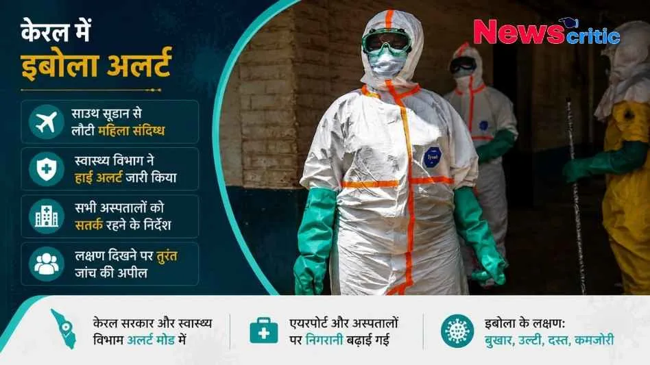 केरल में इबोला अलर्ट। तस्वीर में पीपीई (PPE) किट पहने स्वास्थ्य कर्मी और स्वास्थ्य विभाग के दिशा-निर्देश दिए गए हैं।