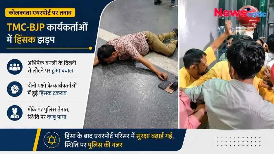कोलकाता एयरपोर्ट पर TMC और BJP कार्यकर्ताओं के बीच हिंसक झड़प का न्यूज़ ग्राफ़िक