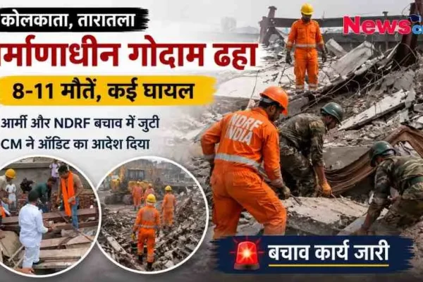 कोलकाता के तारतला में निर्माणाधीन गोदाम ढहने, 8-11 मौतों और NDRF के बचाव कार्य को दर्शाता न्यूज़ क्रिटिक (News Critic) का ग्राफ़िक।