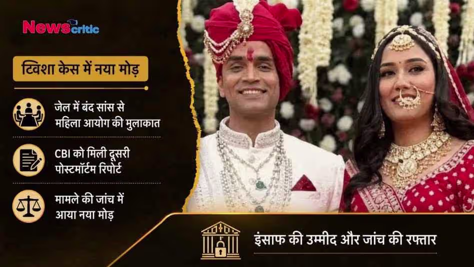 न्यूज़ ग्राफ़िक जिसमें 'ट्विशा केस में नया मोड़' शीर्षक के साथ एक नवविवाहित जोड़े की तस्वीर है। ग्राफ़िक में सीबीआई की दूसरी पोस्टमार्टम रिपोर्ट और महिला आयोग द्वारा सास से मुलाकात का जिक्र है।"