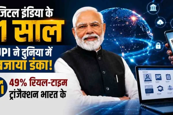News Critic: डिजिटल इंडिया के 11 साल पूरे होने पर प्रधानमंत्री नरेंद्र मोदी और दुनिया भर में भारत के 49% रियल-टाइम ट्रांजैक्शन (UPI) के दबदबे को दर्शाता न्यूज़ ग्राफिक।