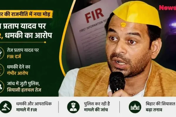 तेज प्रताप यादव की तस्वीर वाला न्यूज़ ग्राफ़िक, जिसमें उनके खिलाफ FIR दर्ज होने और धमकी देने के गंभीर आरोपों की जानकारी दी गई है।