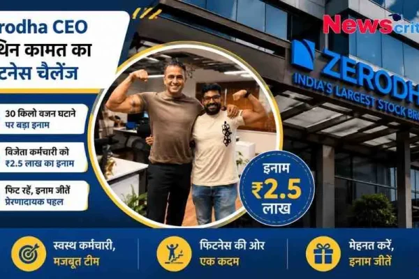 ज़ेरोधा के सीईओ नितिन कामत एक कर्मचारी के साथ बाइसेप्स दिखाते हुए, साथ ही 2.5 लाख रुपये के फिटनेस चैलेंज का पोस्टर।