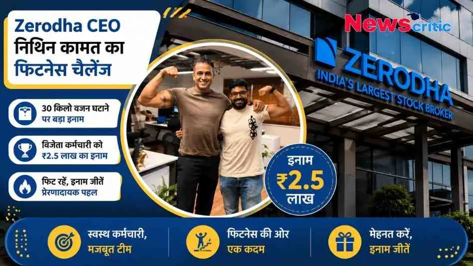 ज़ेरोधा के सीईओ नितिन कामत एक कर्मचारी के साथ बाइसेप्स दिखाते हुए, साथ ही 2.5 लाख रुपये के फिटनेस चैलेंज का पोस्टर।