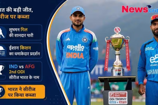 भारत की अफगानिस्तान पर वनडे सीरीज जीत का ग्राफिक, जिसमें शुभमन गिल और ट्रॉफी की तस्वीर है।
