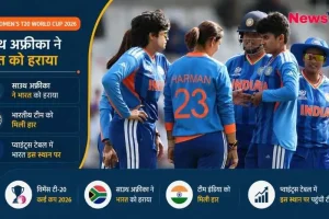 News Critic चित्र: महिला टी-20 विश्व कप 2026 में दक्षिण अफ्रीका से पराजित होने के पश्चात मैदान पर विचार-विमर्श करती भारतीय महिला क्रिकेट टीम।