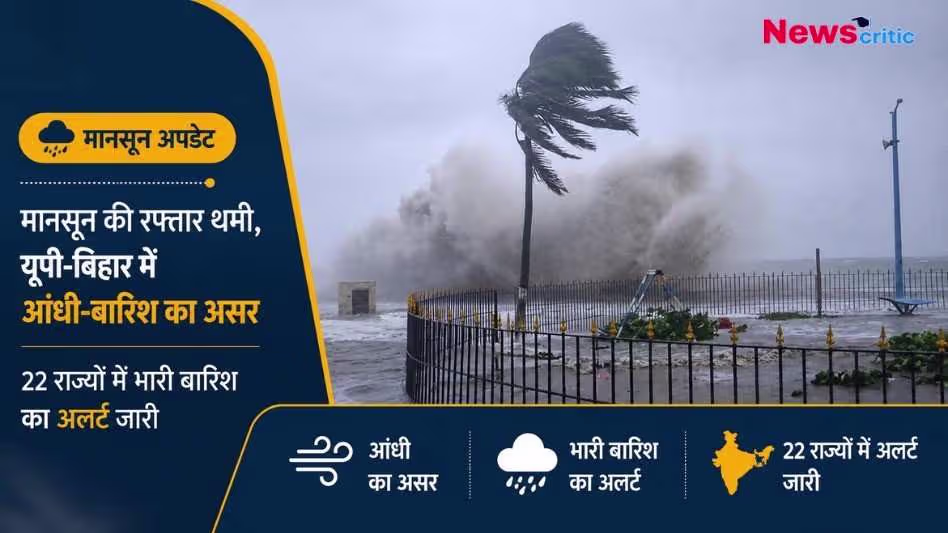 मानसून अपडेट न्यूज़ ग्राफ़िक: समुद्र में तेज तूफान की तस्वीर के साथ यूपी-बिहार में आंधी-बारिश और 22 राज्यों में भारी बारिश के अलर्ट की जानकारी।