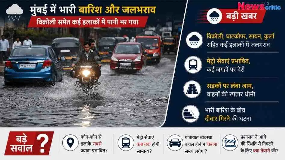 न्यूज़ क्रिटिक इन्फोग्राफिक: मुंबई में भारी बारिश और जलभराव को दर्शाता हुआ ग्राफ़िक, जिसमें पानी से भरी सड़क पर चलते वाहन, प्रभावित इलाके और मौसम से जुड़े मुख्य अपडेट्स शामिल हैं।