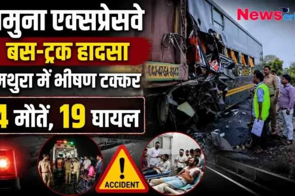 यमुना एक्सप्रेसवे पर मथुरा के पास हुए भीषण बस-ट्रक हादसे की खबर का मुख्य ग्राफिक - News Critic