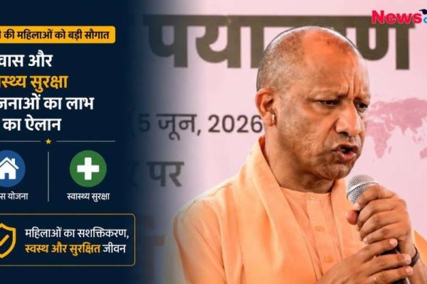 यूपी के मुख्यमंत्री योगी आदित्यनाथ का न्यूज़ ग्राफ़िक, जिसमें महिलाओं को आवास और स्वास्थ्य सुरक्षा योजनाओं का लाभ देने का ऐलान दर्शाया गया है।