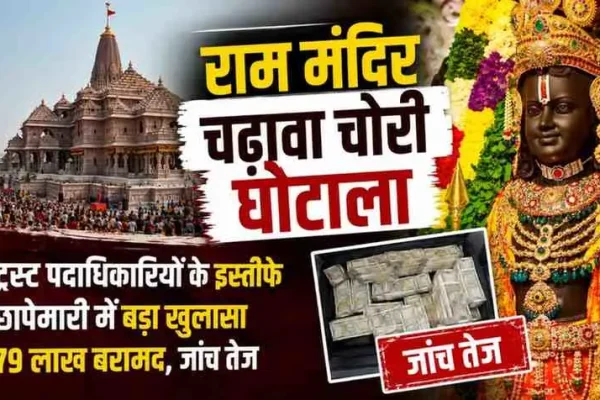 राम मंदिर चढ़ावा चोरी घोटाले और ट्रस्ट पदाधिकारियों के इस्तीफे से जुड़ी खबर का समाचार ग्राफिक - News Critic