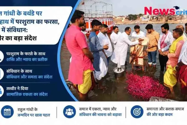 नदी में राहुल गांधी की तस्वीर के साथ अनुष्ठान करते समर्थक, तस्वीर में उनके एक हाथ में परशुराम का फरसा और दूसरे में संविधान है।