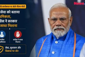 "पीएम नरेंद्र मोदी का न्यूज़ ग्राफ़िक - जनसेवा को प्राथमिकता बताने और कांग्रेस के निशाने पर आधारित खबर।"