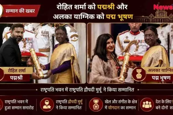 न्यूज़ क्रिटिक इन्फोग्राफिक: राष्ट्रपति भवन में आयोजित सम्मान समारोह का ग्राफ़िक, जिसमें राष्ट्रपति द्रौपदी मुर्मू द्वारा क्रिकेटर रोहित शर्मा को 'पद्मश्री' और मशहूर गायिका अलका याग्निक को 'पद्म भूषण' पुरस्कार से सम्मानित करते हुए दिखाया गया है।