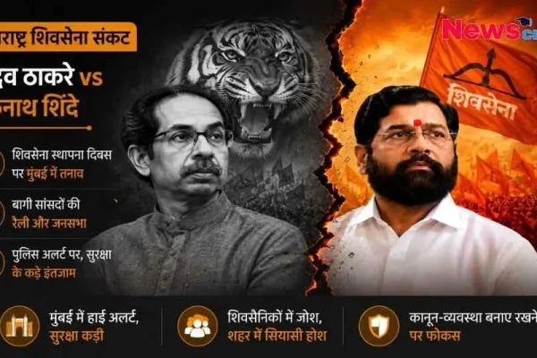 महाराष्ट्र शिवसेना संकट को दर्शाते हुए उद्धव ठाकरे और एकनाथ शिंदे, जिनके बीच एक दहाड़ता हुआ बाघ और शिवसेना का झंडा दिखाई दे रहा है।