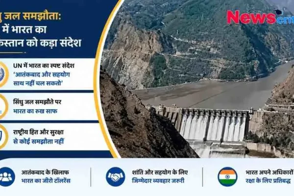 सिंधु जल समझौते पर संयुक्त राष्ट्र (UN) में भारत के कड़े संदेश को दर्शाता 'न्यूज़क्रिटिक' का ग्राफ़िक, जिसमें पृष्ठभूमि में एक बांध और नदी दिखाई गई है।