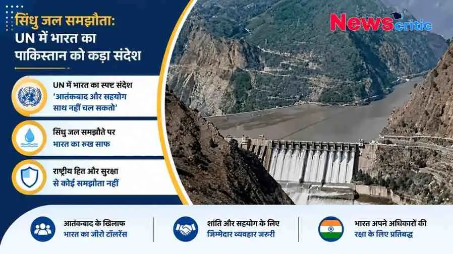 सिंधु जल समझौते पर संयुक्त राष्ट्र (UN) में भारत के कड़े संदेश को दर्शाता 'न्यूज़क्रिटिक' का ग्राफ़िक, जिसमें पृष्ठभूमि में एक बांध और नदी दिखाई गई है।