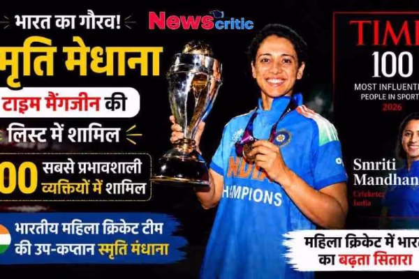 हाथ में ट्रॉफी और मेडल लिए भारतीय महिला क्रिकेटर स्मृति मंधाना का न्यूज़ ग्राफिक, जिसमें उन्हें टाइम मैगज़ीन की 2026 की '100 सबसे प्रभावशाली खेल हस्तियों' की लिस्ट में शामिल होने पर बधाई दी गई है।