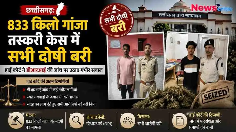 छत्तीसगढ़ में 833 किलो गांजा तस्करी मामले में हाई कोर्ट द्वारा सभी आरोपियों को बरी किए जाने और डीआरआई (DRI) की जांच पर सवाल उठाने की खबर दर्शाता न्यूज़ क्रिटिक (News Critic) का इंफोग्राफिक बैनर।