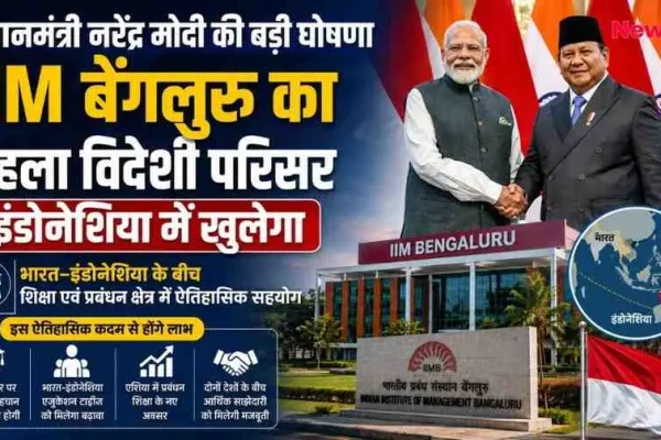प्रधानमंत्री नरेंद्र मोदी और इंडोनेशियाई राष्ट्रपति की तस्वीर के साथ 'IIM बेंगलुरु का पहला विदेशी परिसर इंडोनेशिया में खुलेगा' की बड़ी घोषणा दर्शाता न्यूज़ ग्राफ़िक, जिसमें IIMB की इमारत, दोनों देशों का नक्शा और इस ऐतिहासिक सहयोग के लाभ बताए गए हैं। (News Critic)
