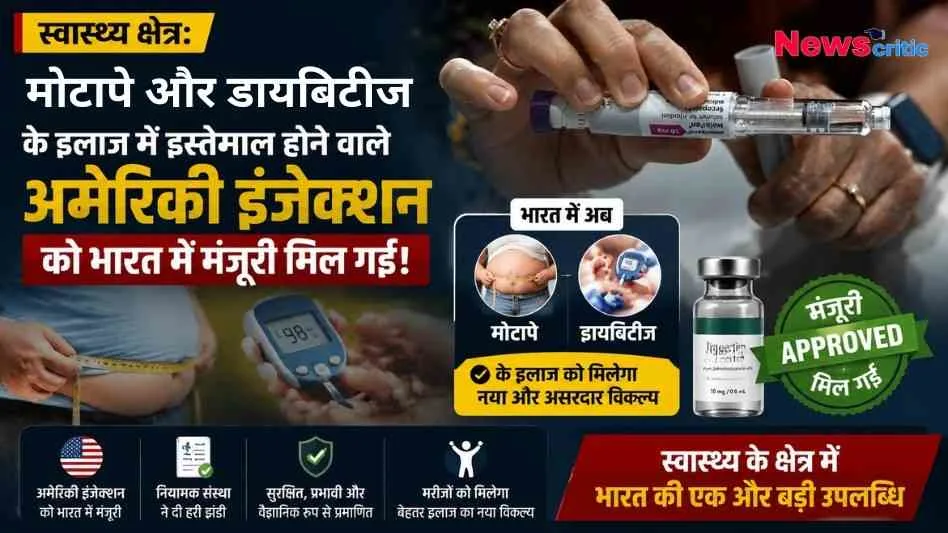 भारत में मोटापे और डायबिटीज के इलाज के लिए अमेरिकी इंजेक्शन को मंजूरी मिलने की जानकारी देता न्यूज़ क्रिटिक (News Critic) का न्यूज़ ग्राफ़िक।