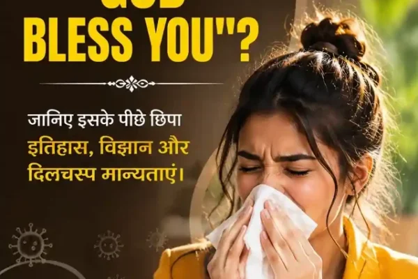 पोस्टर स्टाइल कवर में पीले ब्लेज़र पहने महिला छींकते हुए दिखाई दे रही है, साथ में शीर्षक और आधुनिक ग्राफिक डिज़ाइन है।