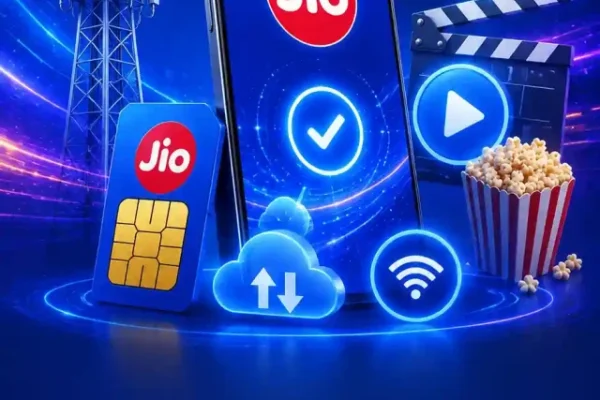 Jio सिम, 5G नेटवर्क टावर, स्मार्टफोन, स्ट्रीमिंग आइकन और डिजिटल टेक्नोलॉजी बैकग्राउंड का आकर्षक कवर दृश्य।