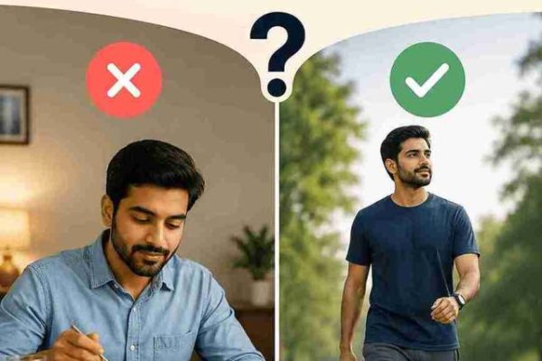 खाना खाने के बाद भोजन करते व्यक्ति और दूसरी ओर पार्क में हल्की चाल से टहलता व्यक्ति, जो भोजन के बाद टहलने के सही तरीके को दर्शाता है।