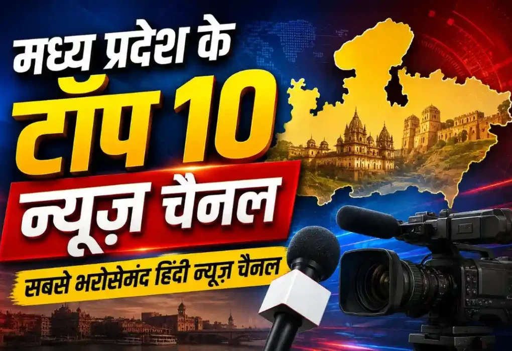 मध्य प्रदेश के टॉप 10 सबसे भरोसेमंद हिंदी न्यूज़ चैनलों को दर्शाता प्रोफेशनल यूट्यूब थंबनेल, जिसमें मध्य प्रदेश का नक्शा, न्यूज़ कैमरा और माइक्रोफोन दिखाया गया है।