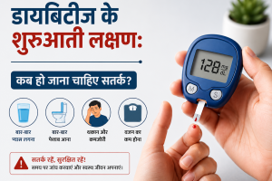 ग्लूकोमीटर के साथ डायबिटीज के शुरुआती लक्षण जैसे बार-बार प्यास लगना, बार-बार पेशाब आना, थकान और वजन कम होना दर्शाता स्वास्थ्य जागरूकता चित्र।